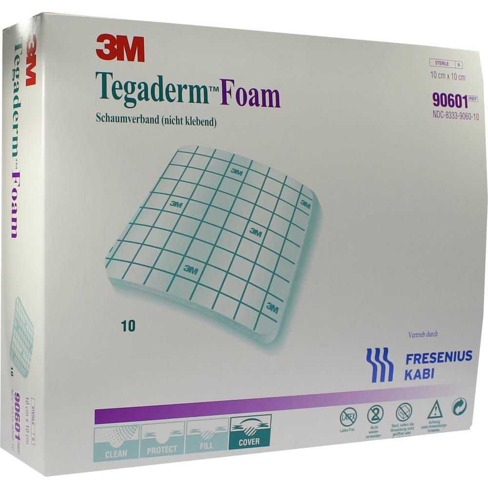 Verpackung eines 3M Tegaderm Schaumverbands, 10 cm x 10 cm, nicht klebend.