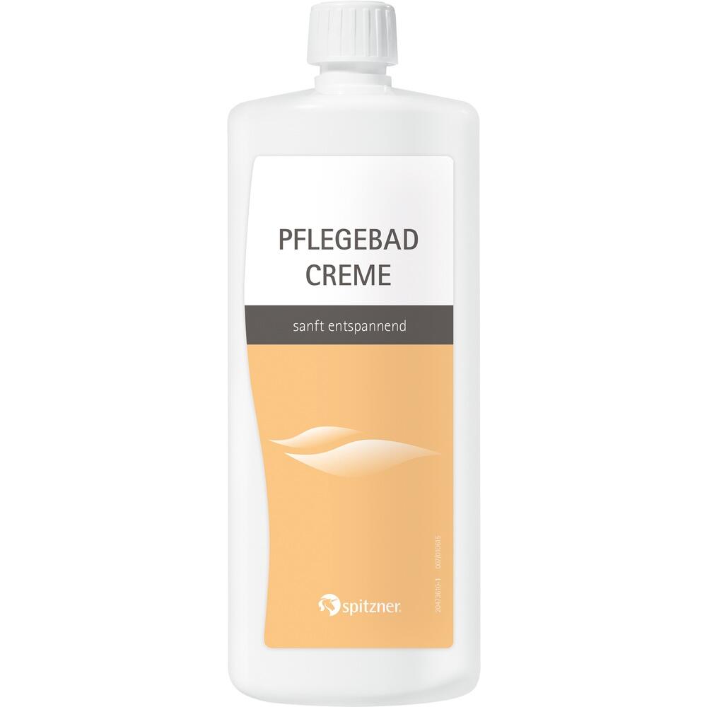 Eine wei&szlig;e Flasche mit Pflegebad-Creme und orangefarbenem Etikett.