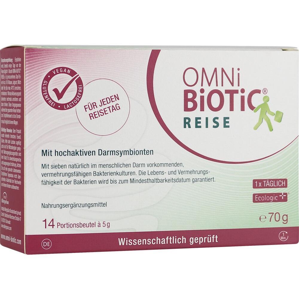 Eine Packung Omni-Biotic Reise Nahrungserg&auml;nzungsmittel mit 14 Portionen.