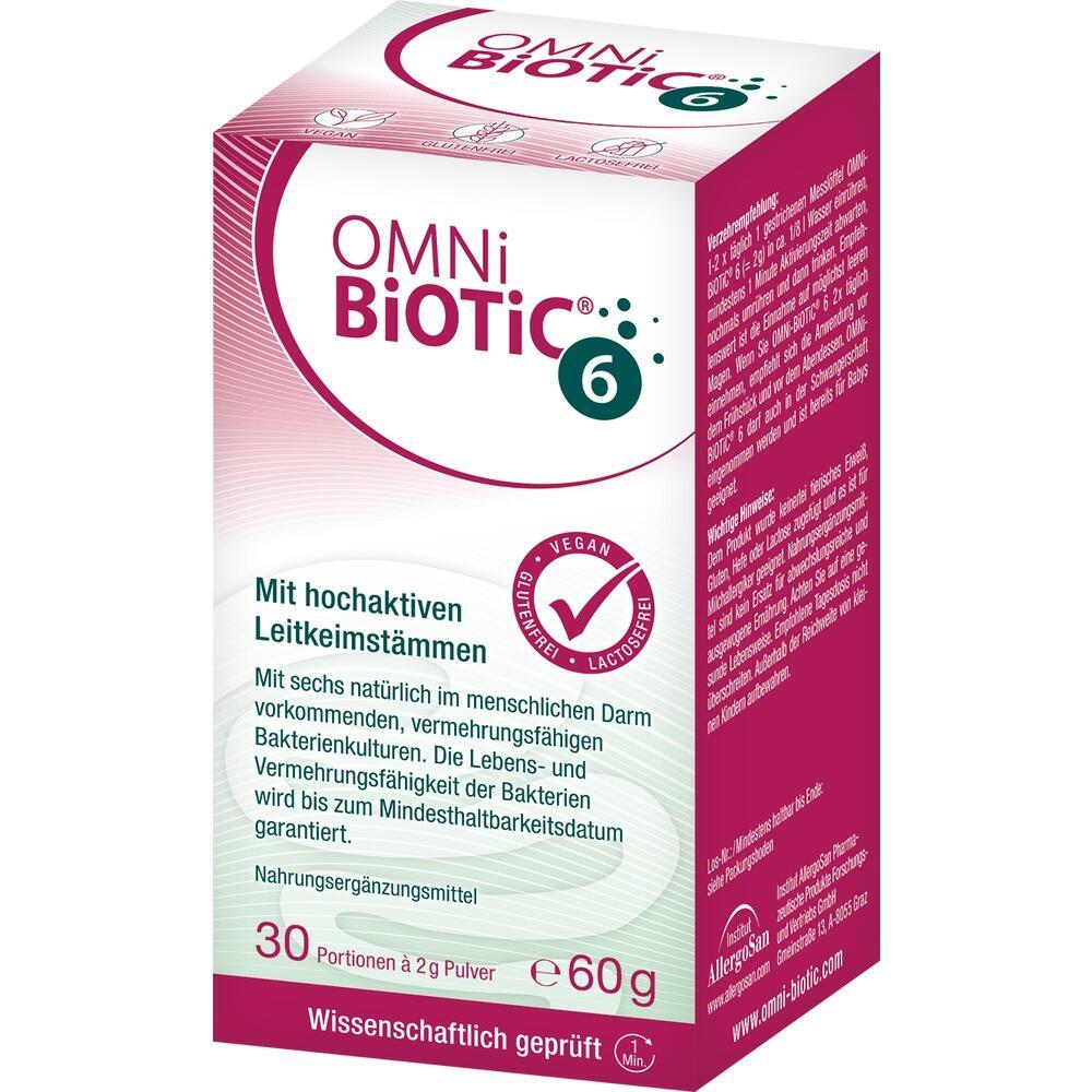 Eine Packung OMNi-BiOTiC 6 Nahrungserg&auml;nzungsmittel mit probiotischen Kulturen.