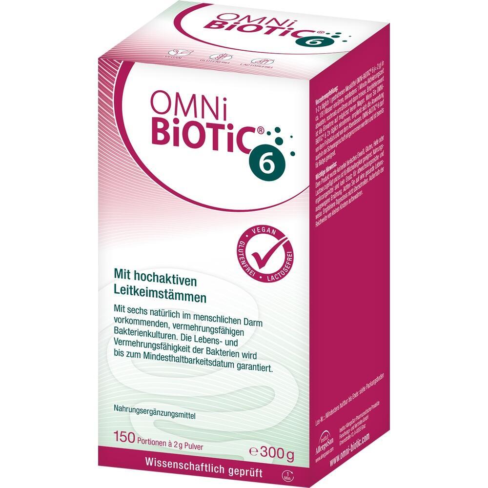 Rosa-wei&szlig;e Verpackung von OMNi-BiOTiC 6, einem probiotischen Nahrungserg&auml;nzungsmittel.