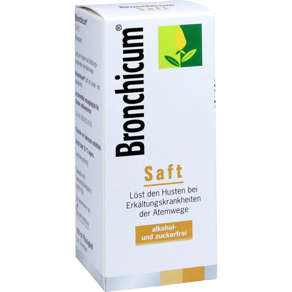 Eine wei&szlig;e Verpackung mit der Aufschrift "Bronchicum Saft" gegen Husten.