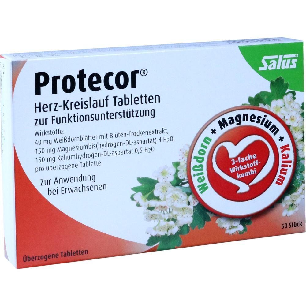 Verpackung von Protecor Herz-Kreislauf-Tabletten mit Wei&szlig;dorn, Magnesium und Kalium.