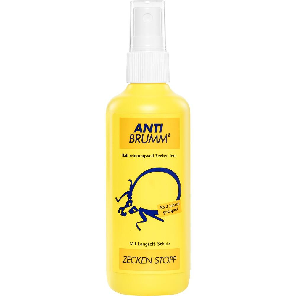 Gelbe Spr&uuml;hflasche mit Aufschrift "Anti Brumm Zecken Stopp".