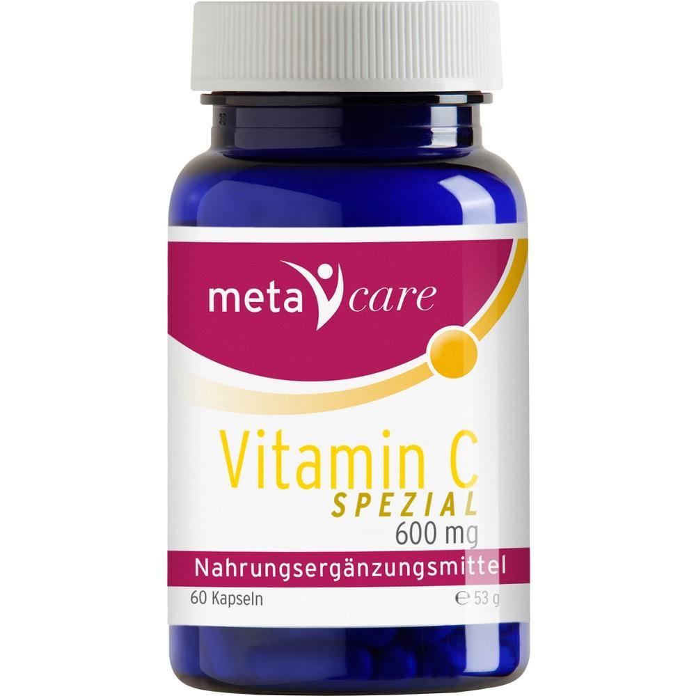 Eine blaue Flasche mit Vitamin C Kapseln, 600 mg, von meta care.