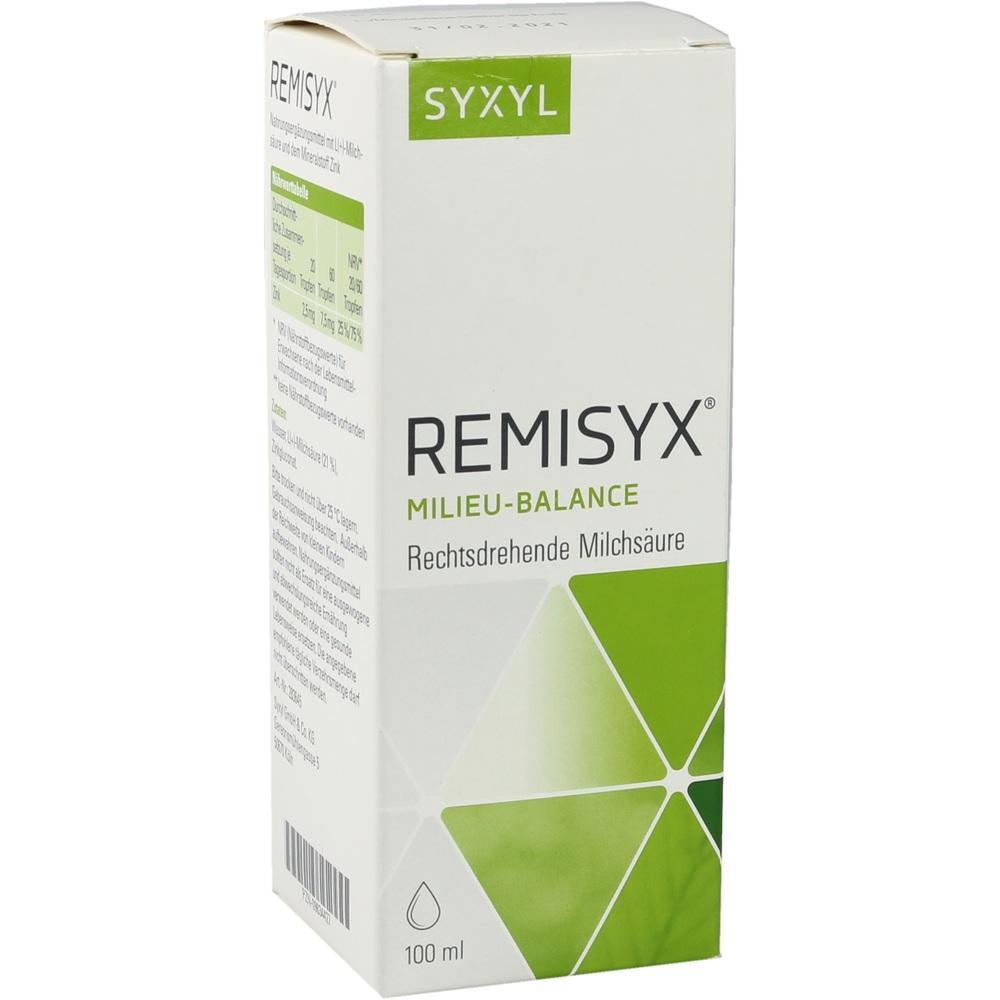 Eine wei&szlig;e Schachtel mit gr&uuml;ner Aufschrift "REMISYX MILIEU-BALANCE", 100 ml.
