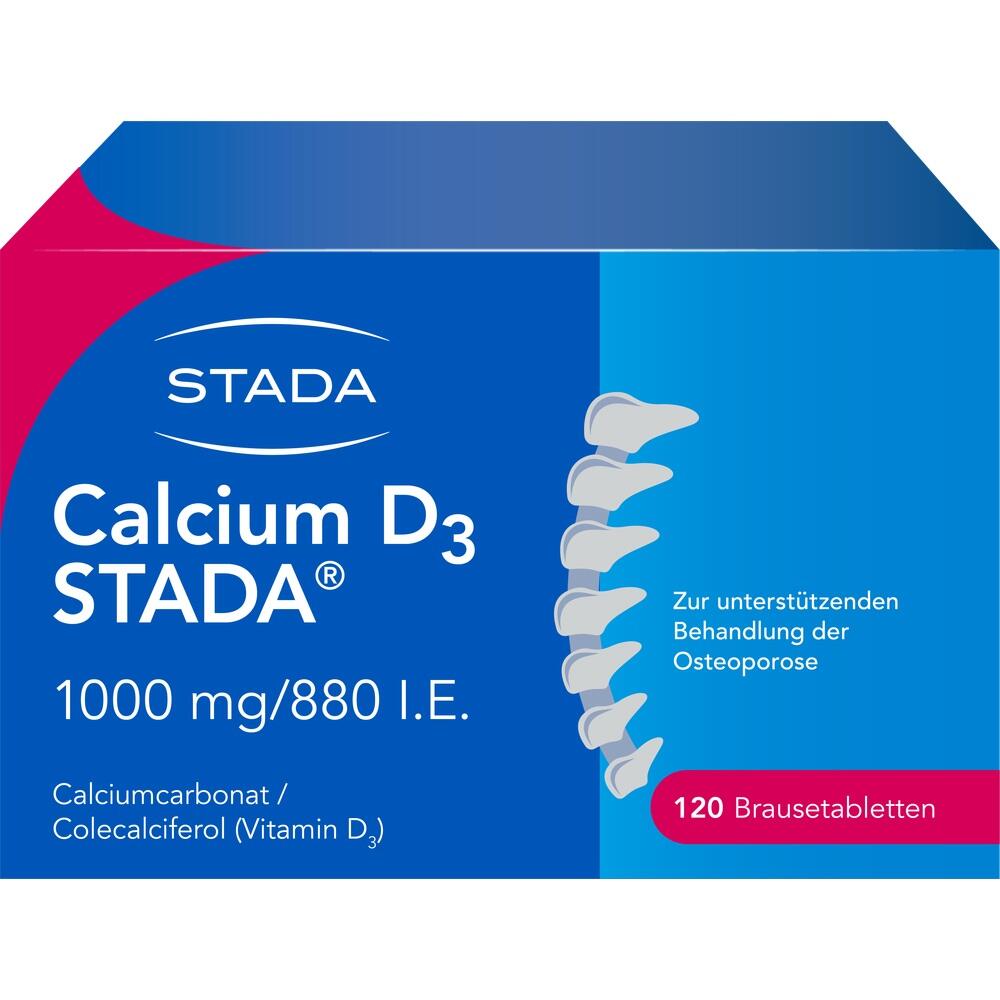 Verpackung von Calcium D3 Stada f&uuml;r die Unterst&uuml;tzung bei Osteoporose, 120 Brausetabletten.