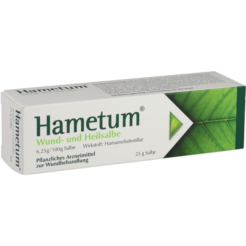 Eine Schachtel Hametum Wund- und Heilsalbe mit gr&uuml;nem Blattmuster.