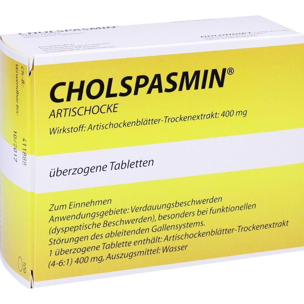 Gelbe Medikamentenverpackung f&uuml;r Verdauungsbeschwerden mit Artischockenextrakt.
