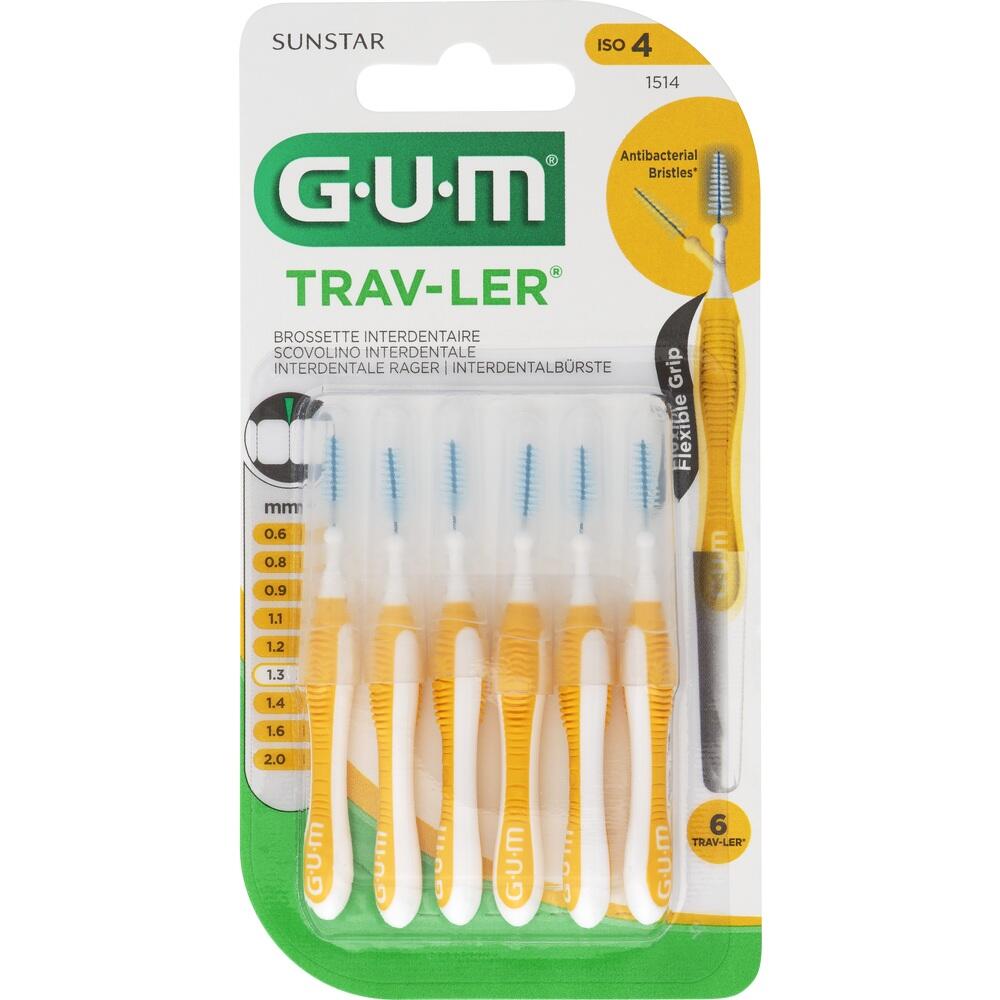Verpackung mit sechs orange-wei&szlig;en Interdentalb&uuml;rsten von GUM.