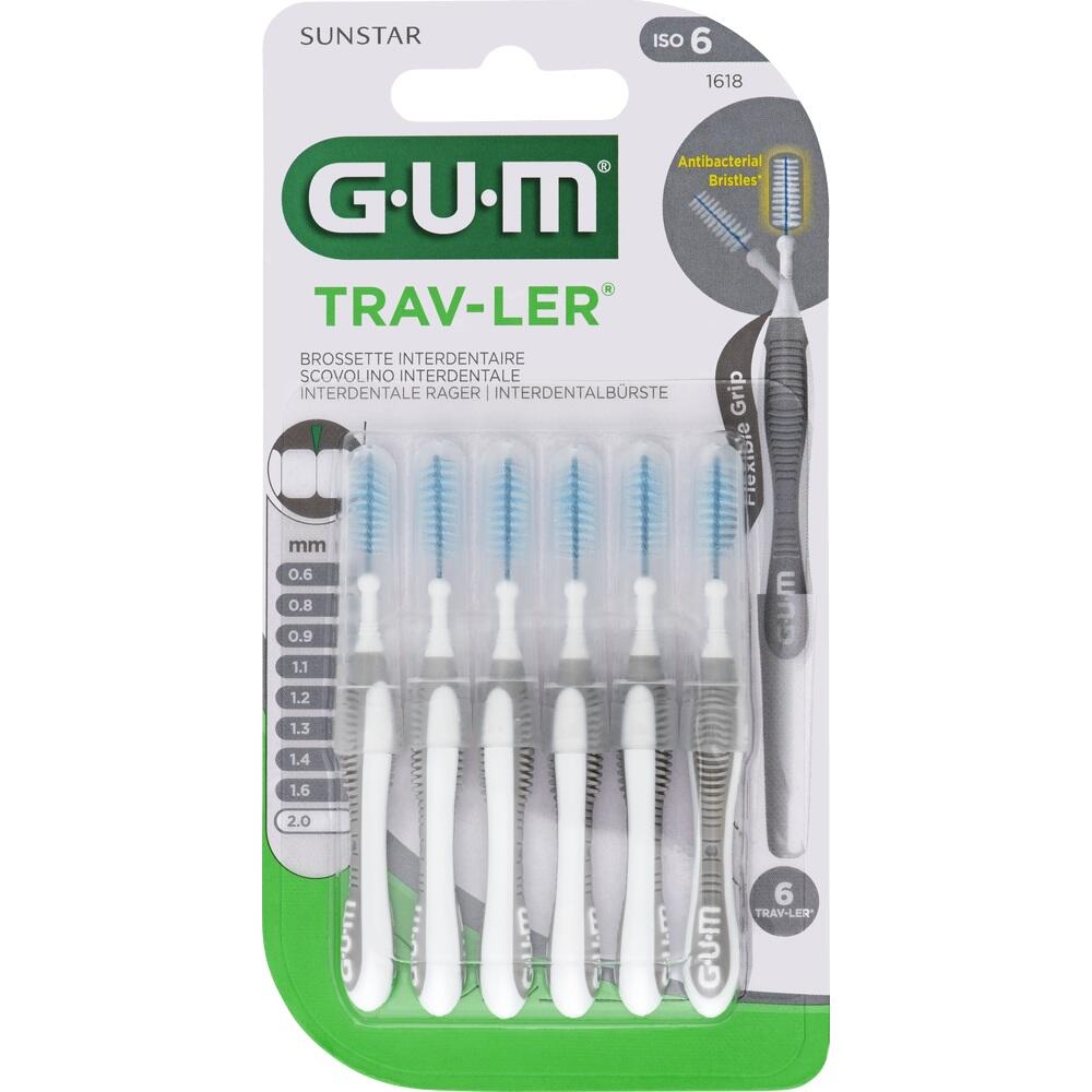 Eine Packung mit sechs kleinen Interdentalb&uuml;rsten f&uuml;r die Zahnzwischenr&auml;ume.