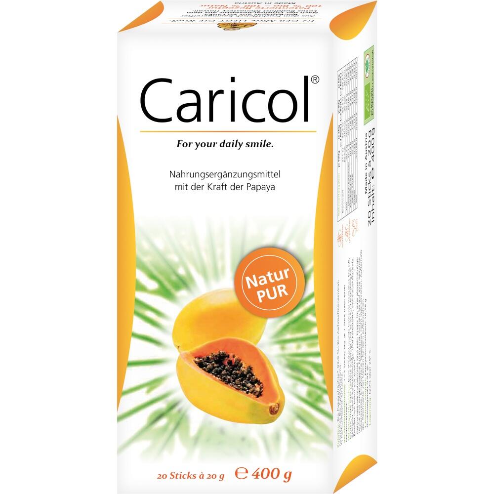 Wei&szlig;e Packung mit Papaya-Bild und dem Text "Caricol - Natur PUR".