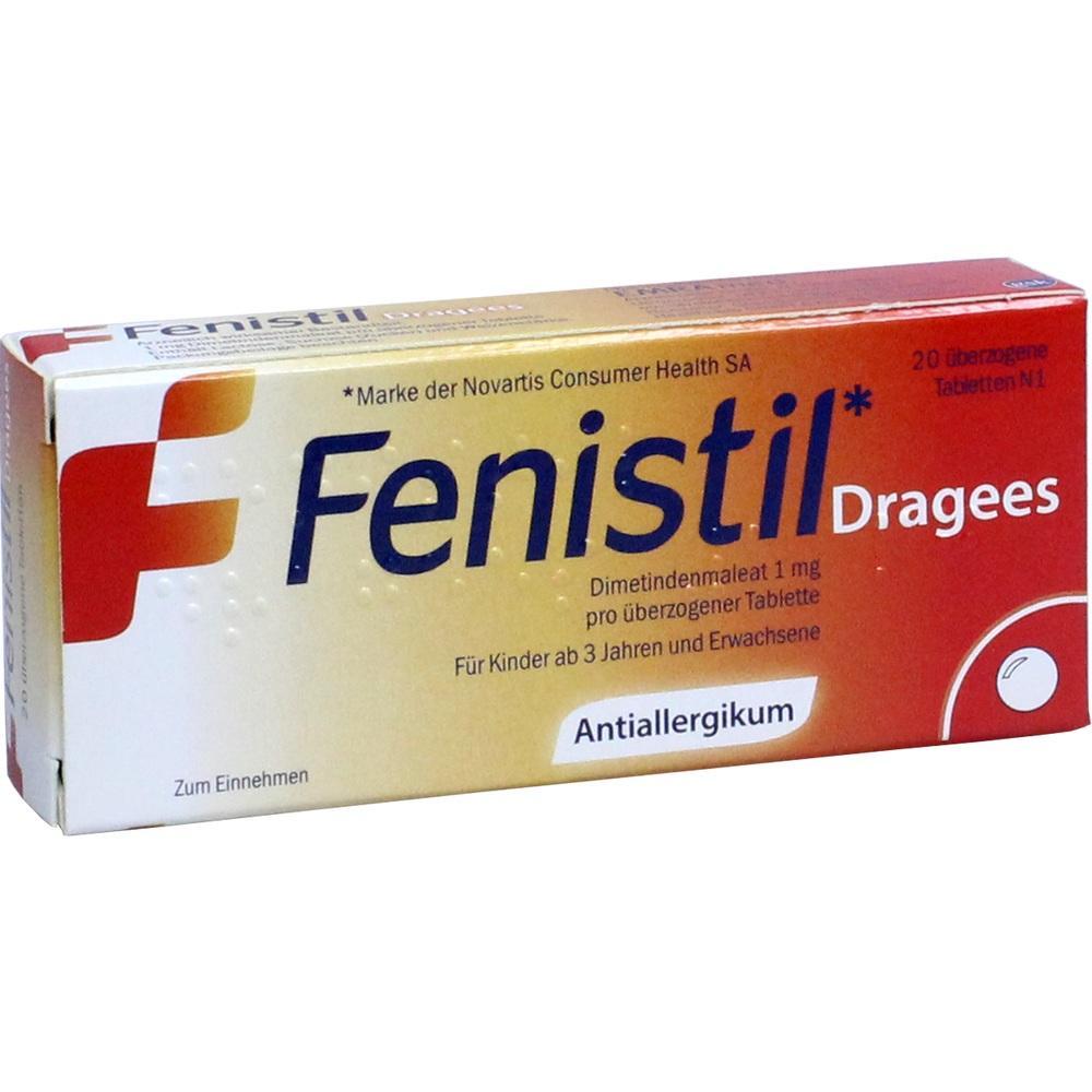 Packung Fenistil Drag&eacute;es gegen Allergien, geeignet f&uuml;r Kinder ab 3 Jahren und Erwachsene.