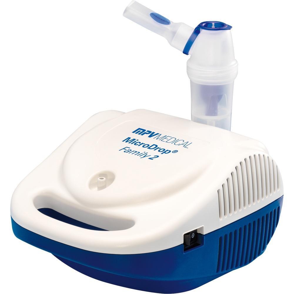 Wei&szlig;-blauer Inhalator mit Mundst&uuml;ck oben f&uuml;r medizinische Anwendungen.