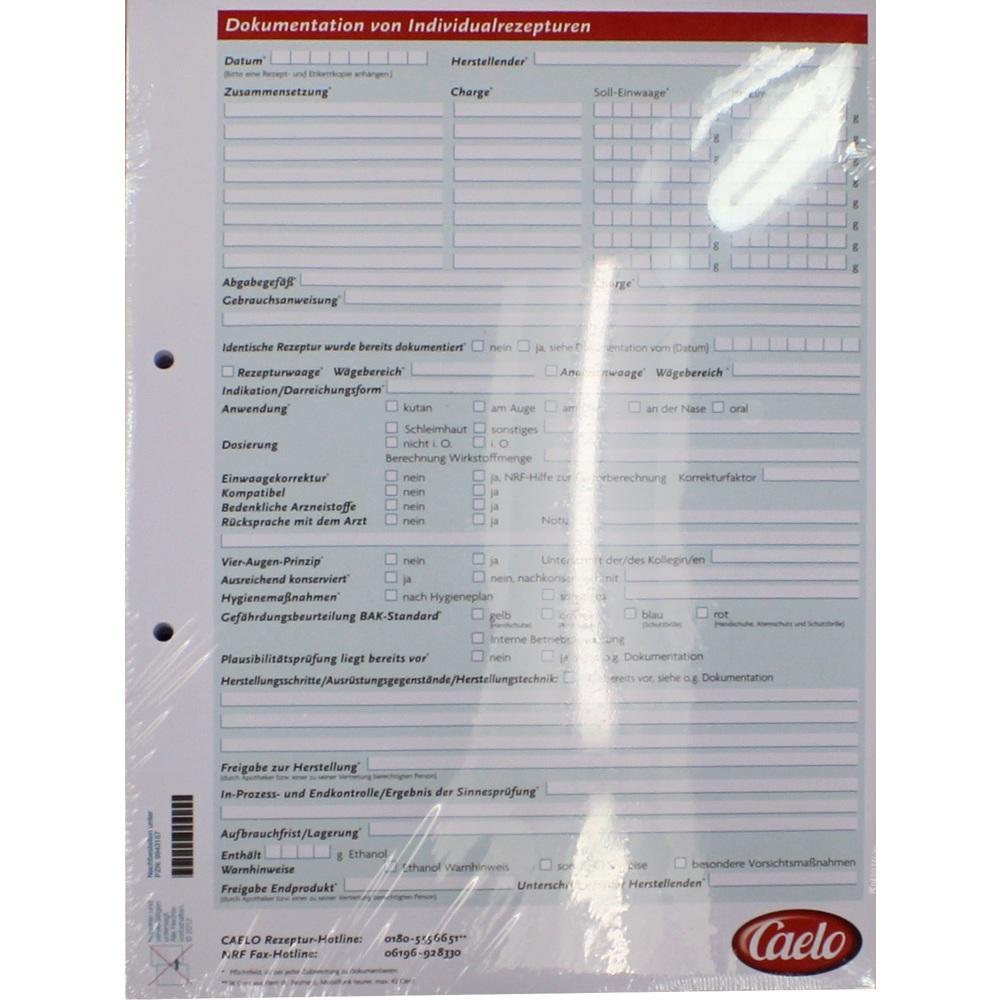 Formular zur Dokumentation von individuellen Rezepturen mit verschiedenen Feldern und Angaben.