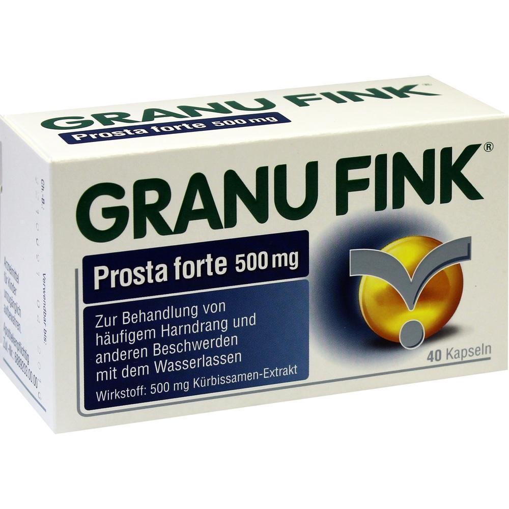 Eine weiße Medikamentenpackung mit der Aufschrift "Granu Fink Prosta forte 500 mg".