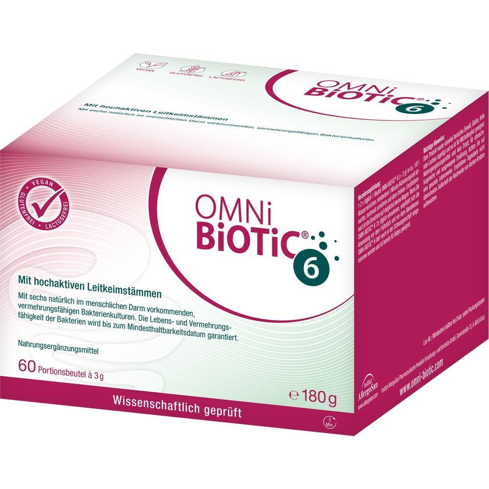 Wei&szlig;e und rote Schachtel von Omni-Biotic 6 mit Infos zu Inhaltsstoffen.