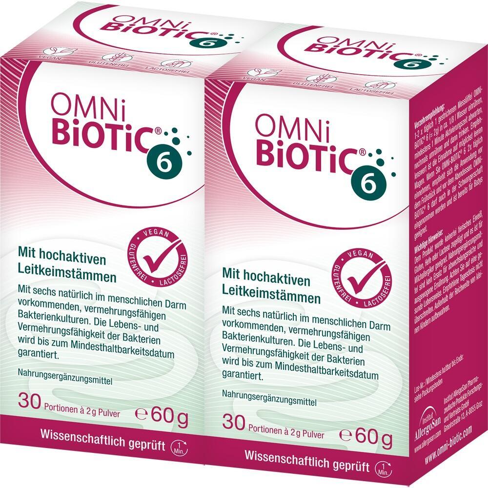 Zwei Packungen Omni-Biotic 6 Nahrungserg&auml;nzungsmittel mit Probiotika.