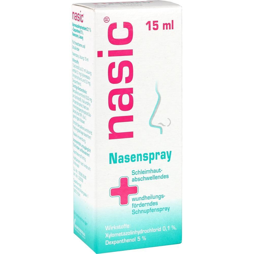 Packung eines Nasensprays der Marke "nasic" mit 15 ml Inhalt.