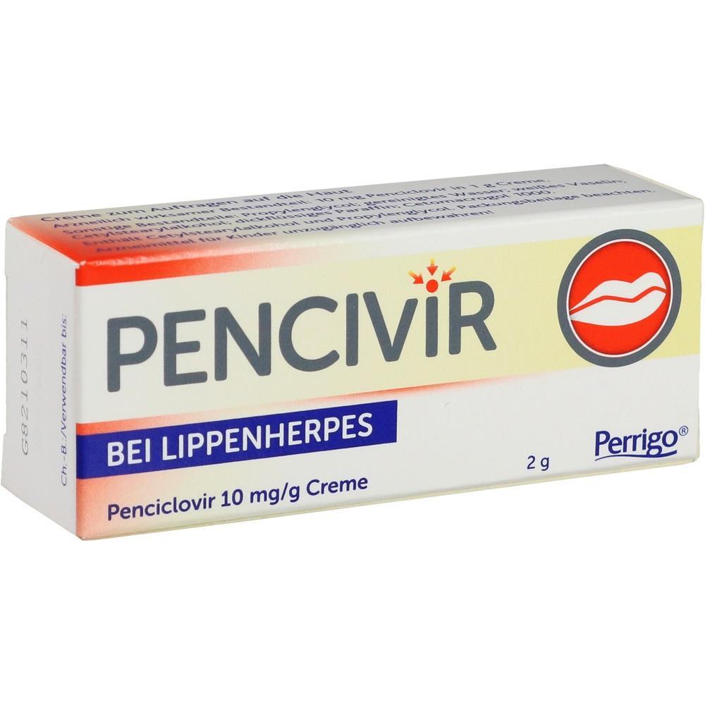Eine Schachtel mit Creme gegen Lippenherpes namens Pencivir.