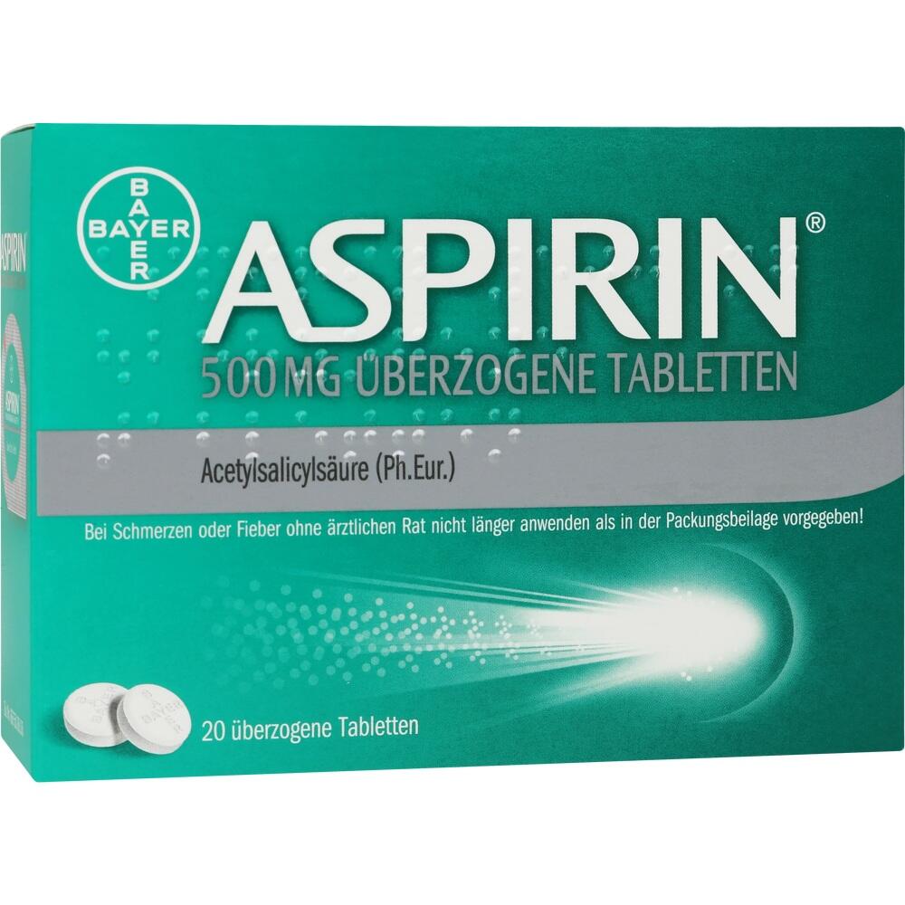 Gr&uuml;ne Aspirin-Verpackung mit 20 &uuml;berzogenen Tabletten &aacute; 500 mg.