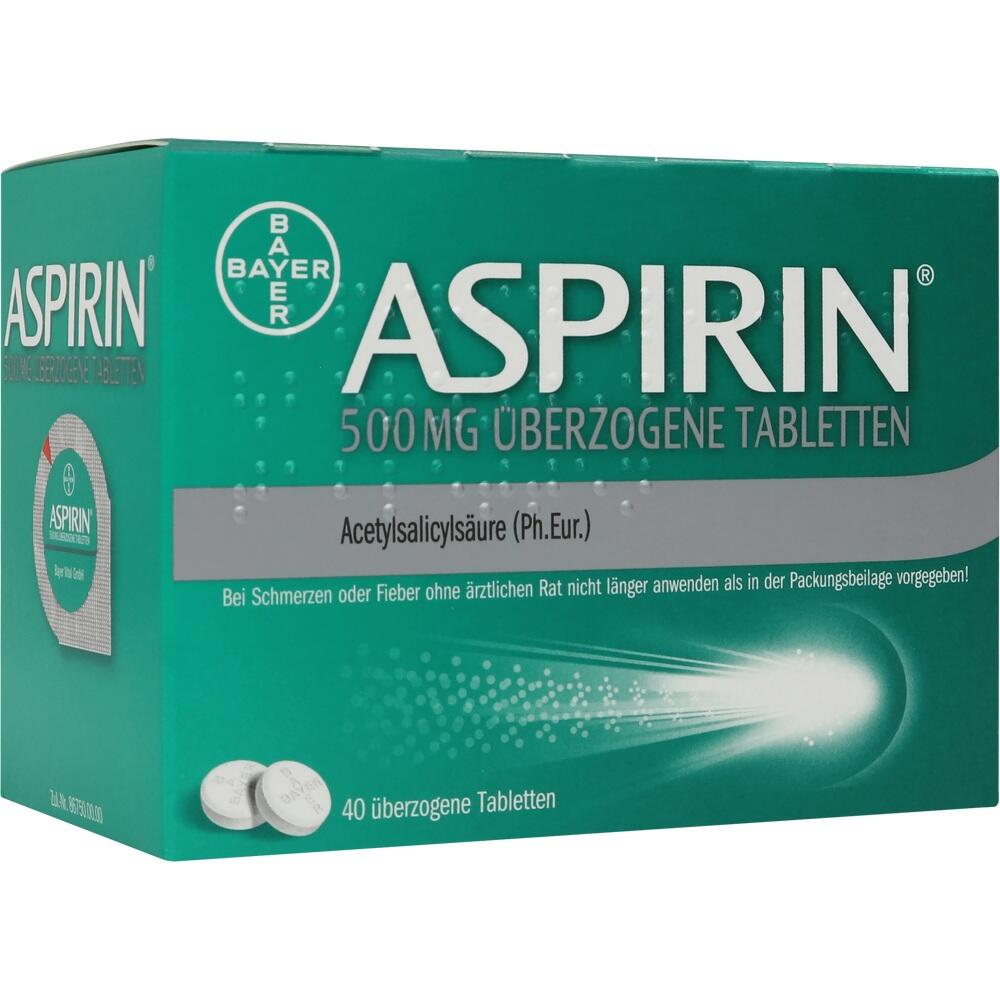 Gr&uuml;ne Verpackung von Aspirin-Tabletten mit 500 mg Wirkstoff.