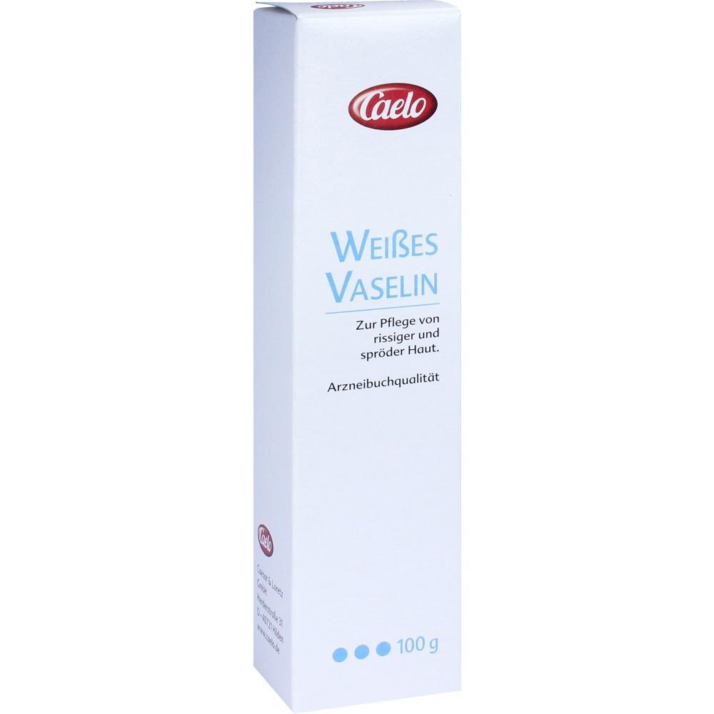 Wei&szlig;e Vaseline in Schachtel zur Hautpflege bei trockener Haut, 100 g Packung.