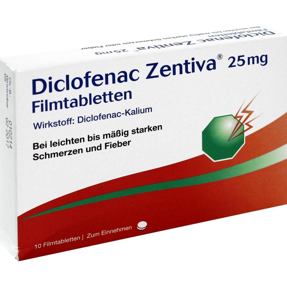 Packung Diclofenac Zentiva Tabletten gegen Schmerzen und Fieber.