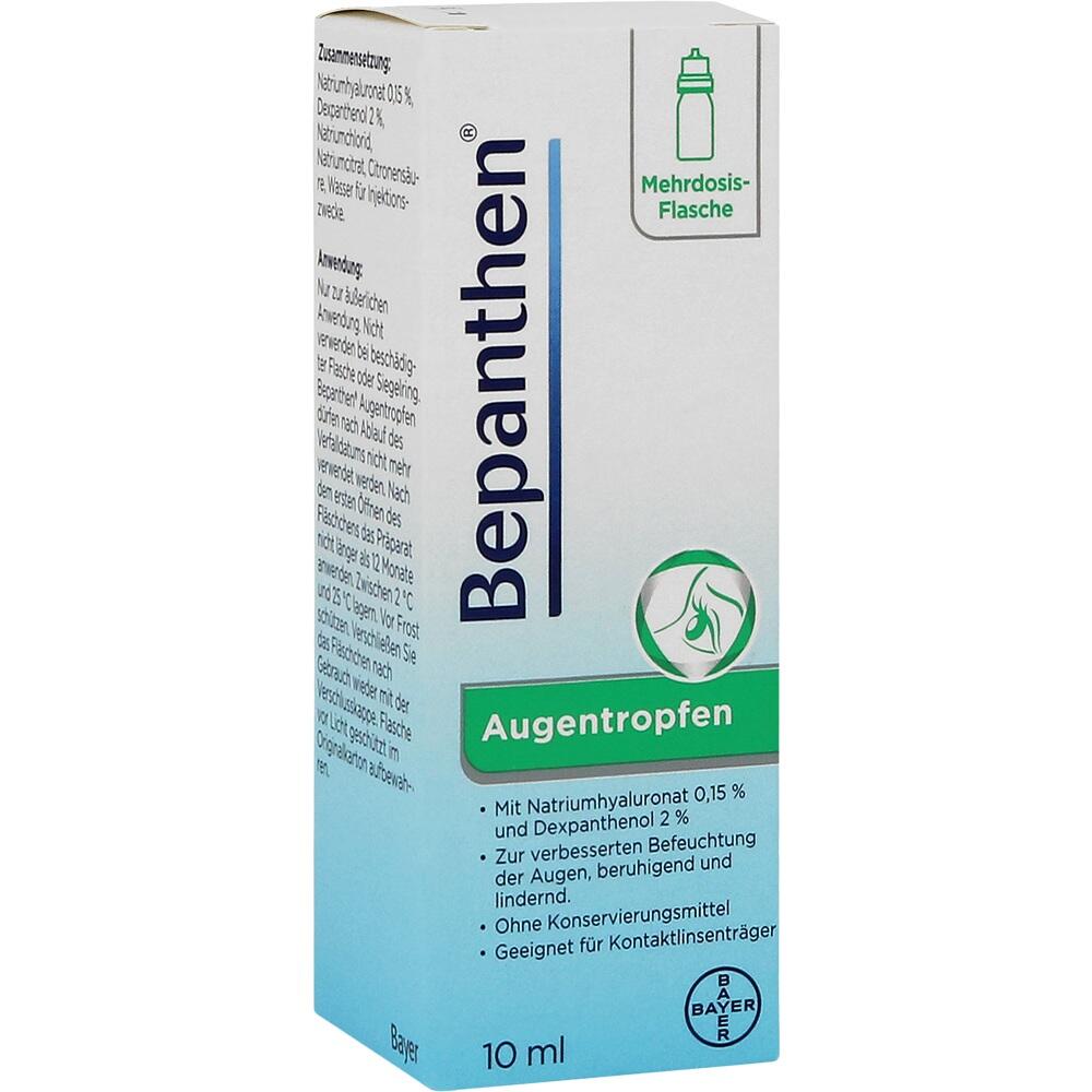 Eine Packung Bepanthen Augentropfen mit gr&uuml;ner Schrift und blauen Details.