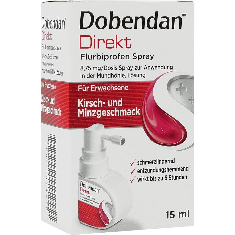 Eine Packung Dobendan Halsspray mit Kirsch- und Minzgeschmack f&uuml;r Erwachsene.