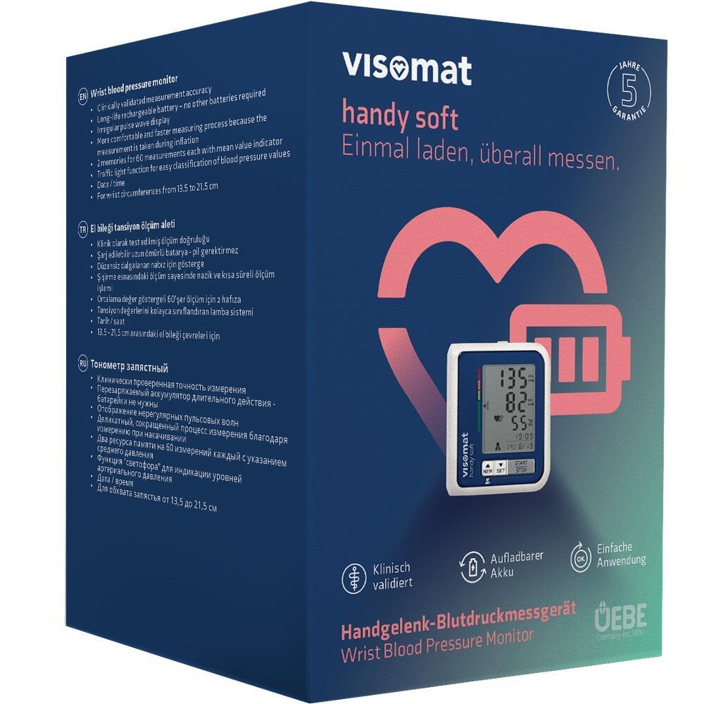 Eine Verpackung f&uuml;r ein Handgelenk-Blutdruckmessger&auml;t mit Herzsymbol und Bildschirmabbildung.