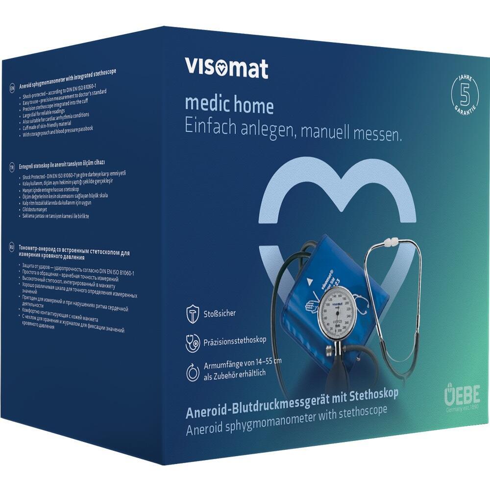 Blaue Verpackung eines Blutdruckmessger&auml;ts mit Stethoskop und Herzsymbol.