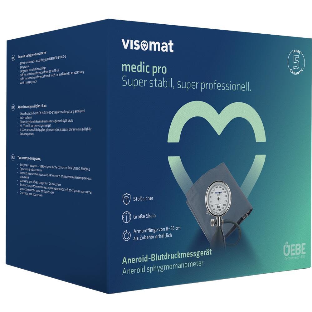 Eine Verpackung f&uuml;r ein Blutdruckmessger&auml;t mit blauem Hintergrund und Herzsymbol.