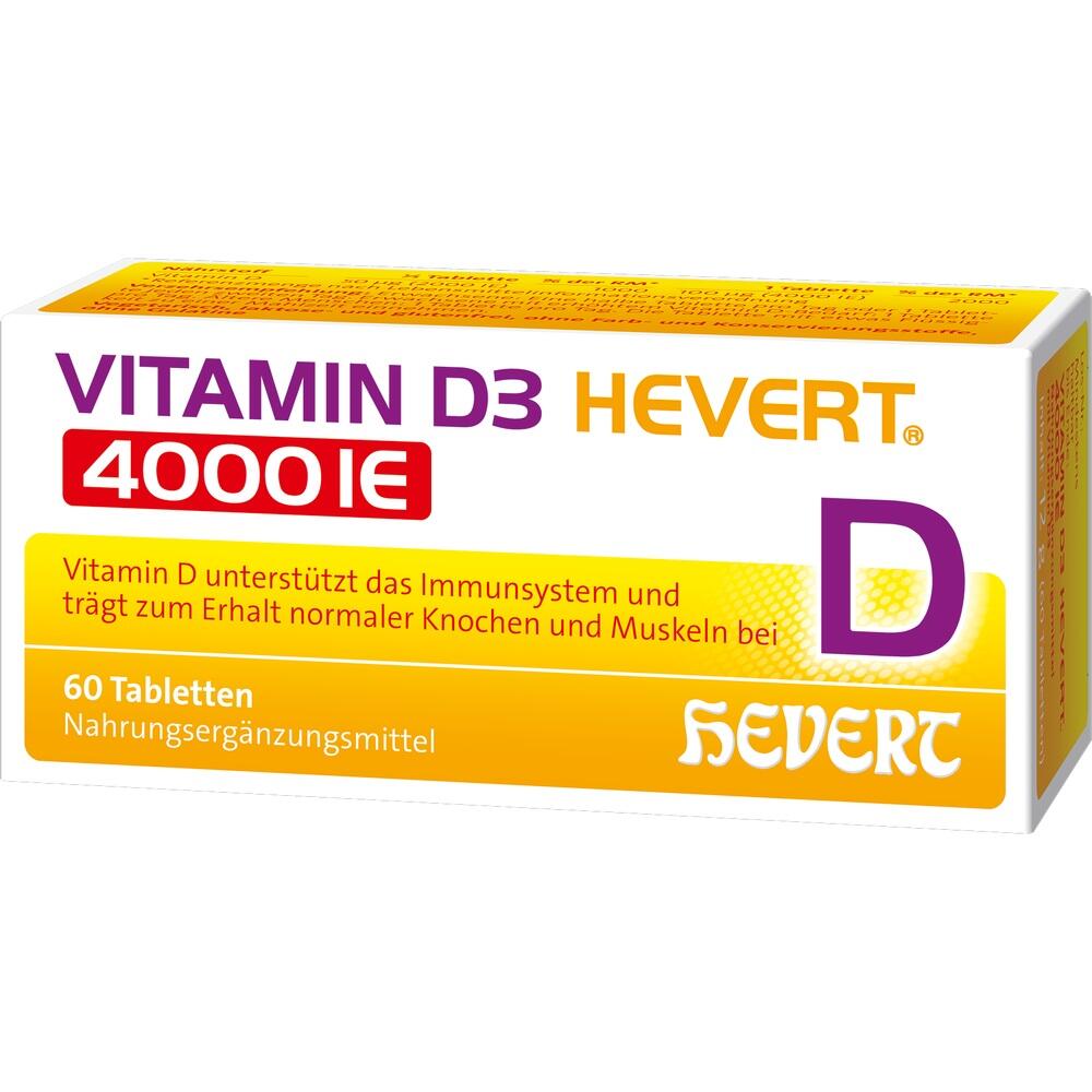 Gelbe Schachtel Vitamin D3 Hevert Tabletten, unterst&uuml;tzt Immunsystem und Knochen.