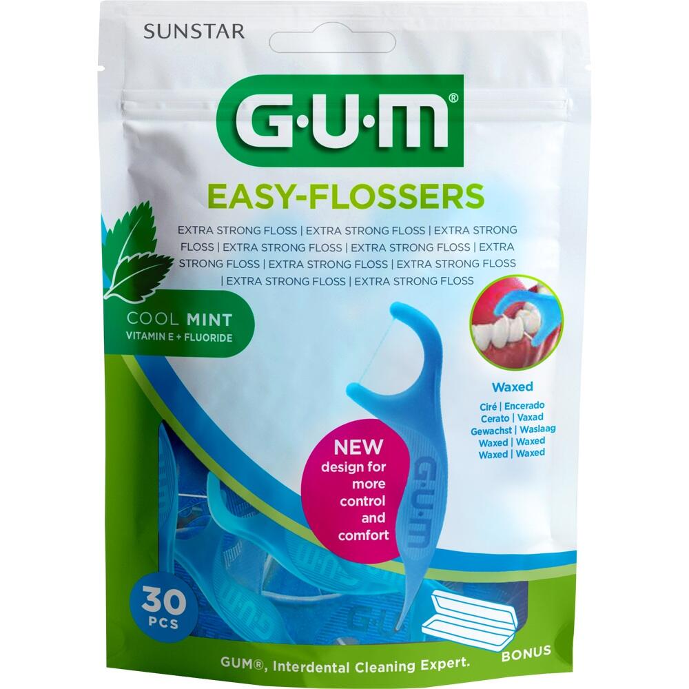 Verpackung mit blauen Zahnseide-Sticks in Pfefferminzgeschmack.