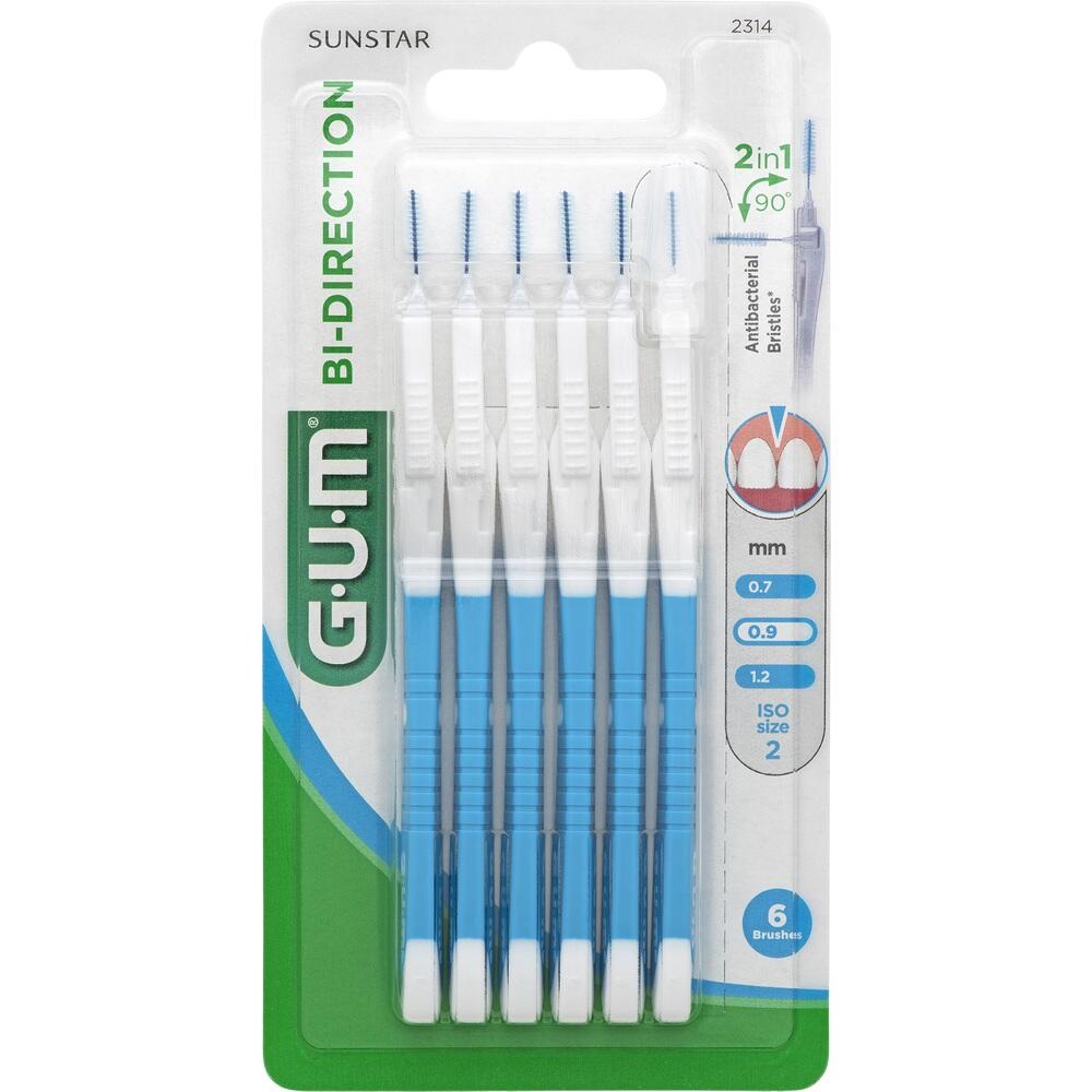 Sechs blaue Interdentalb&uuml;rsten in einer Plastikverpackung.