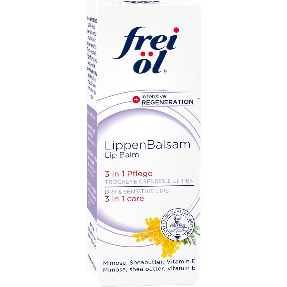 Eine Lippenbalsam-Verpackung der Marke &bdquo;frei &ouml;l&ldquo; mit 3-in-1 Pflege.