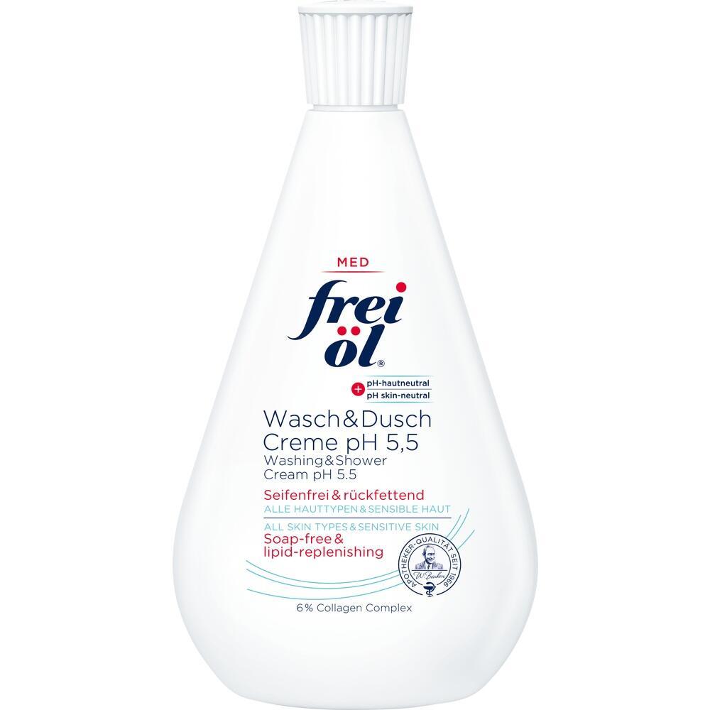 Wei&szlig;e Flasche mit der Aufschrift "frei &ouml;l Wasch- & Duschcreme pH 5,5".