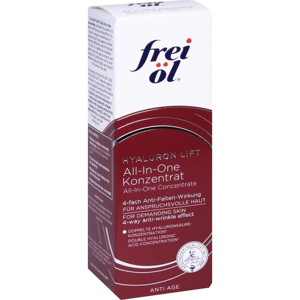 Wei&szlig;e und rote Verpackung eines Anti-Aging-Konzentrats von "frei &ouml;l".
