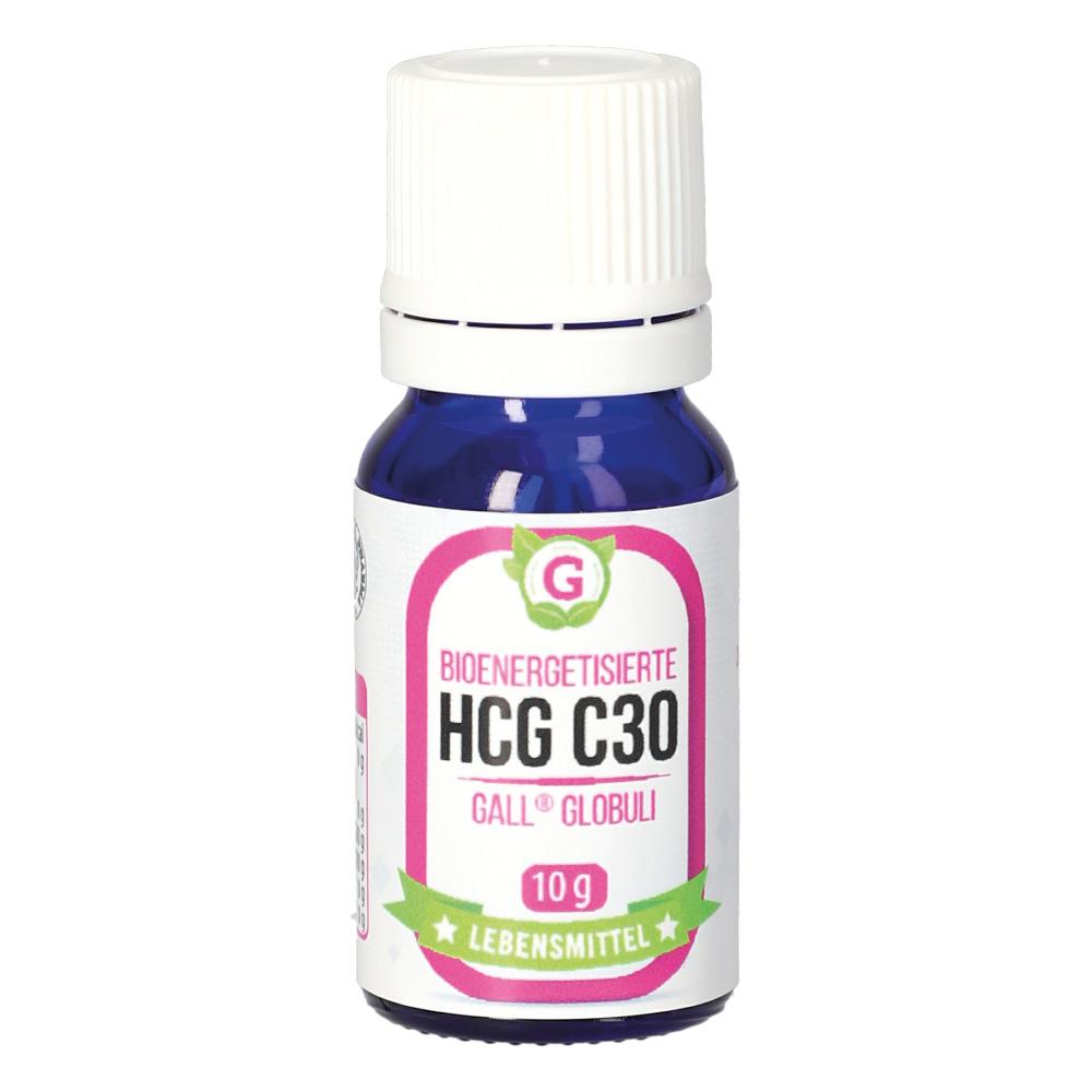 Kleines, blaues Fl&auml;schchen mit wei&szlig;em Deckel und Etikett "HCG C30 Globuli".
