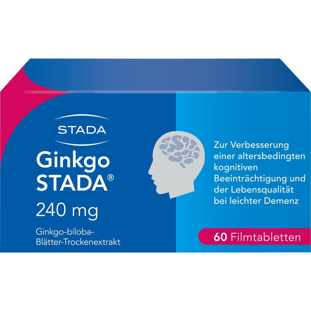 Ginkgo STADA Packung mit Informationen zur Verbesserung bei kognitiver Beeintr&auml;chtigung.
