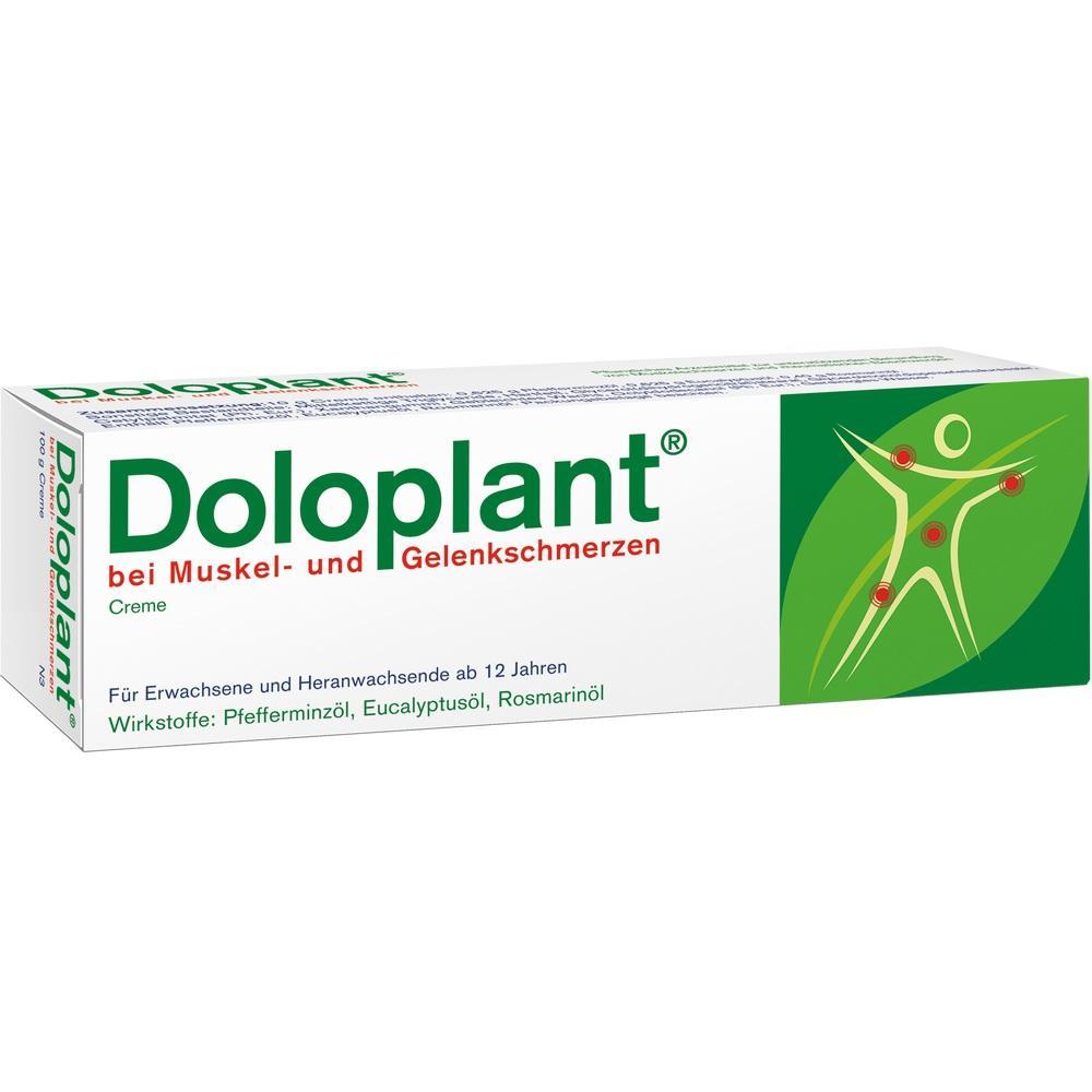 Wei&szlig;e Doloplant-Cremebox f&uuml;r Muskel- und Gelenkschmerzen mit gr&uuml;ner Figur.