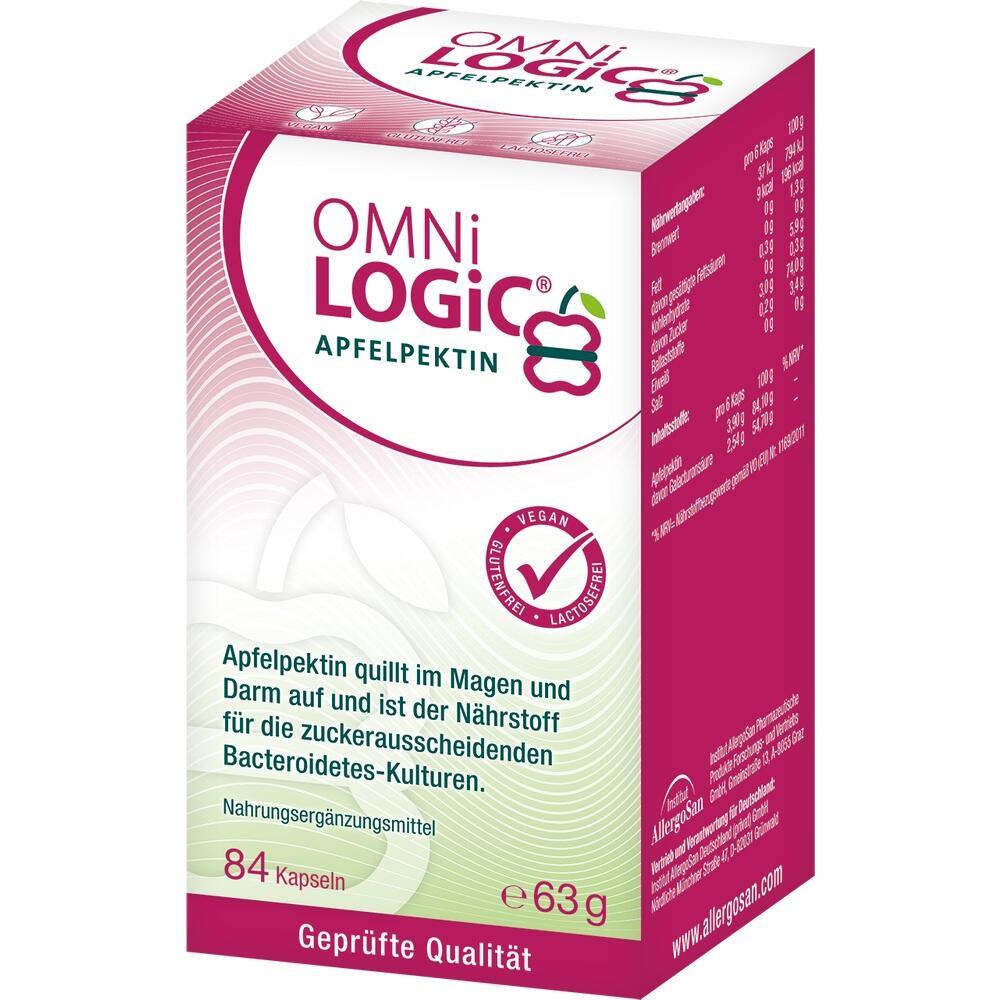 Eine Schachtel Omni Logic Apfelpektin Nahrungserg&auml;nzungsmittel mit 84 veganen Kapseln.