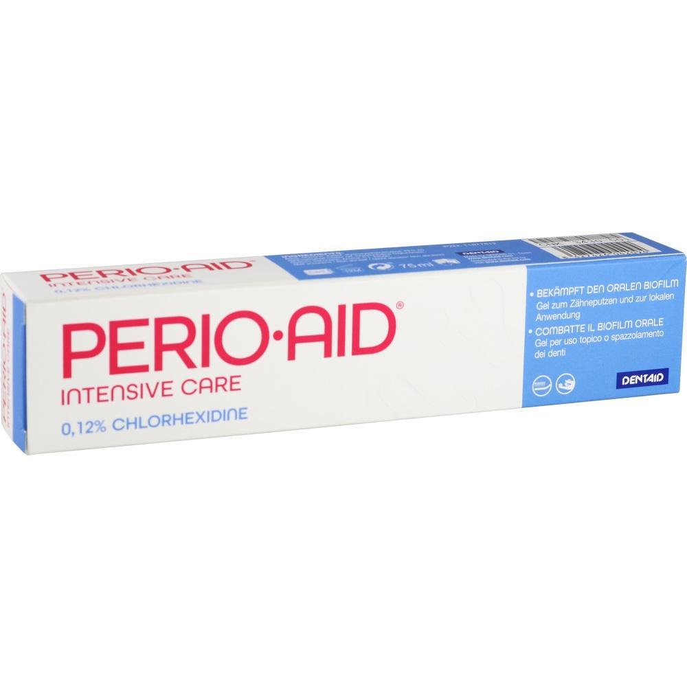 Wei&szlig;e Zahnpasta-Verpackung mit der Aufschrift "Perio&middot;Aid Intensive Care".