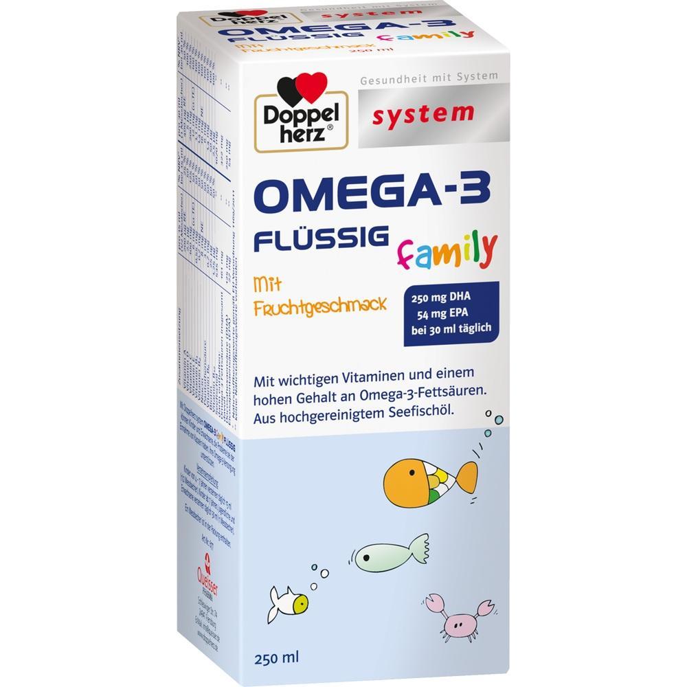 Verpackung von Omega-3-&Ouml;l mit Fruchtgeschmack, vielen Vitaminen und Cartoon-Fischen.