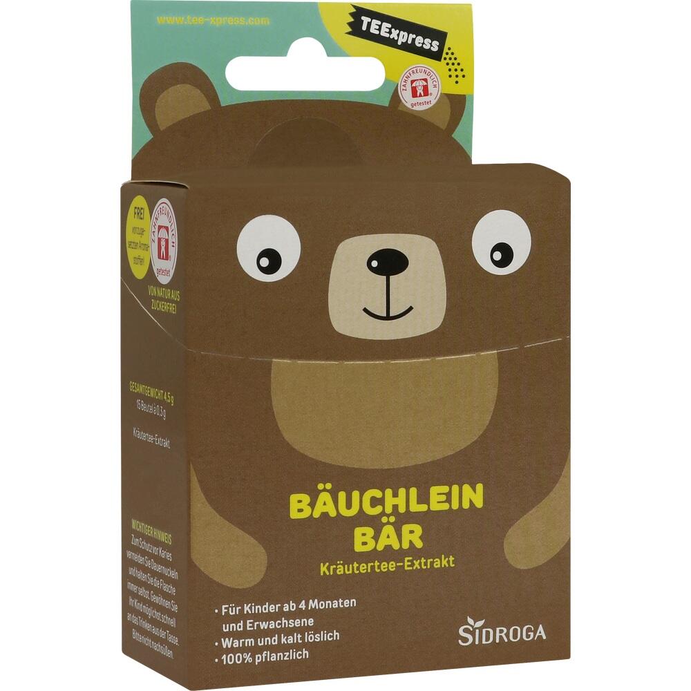 Braune Teeschachtel mit fr&ouml;hlichem B&auml;rengesicht und der Aufschrift "B&auml;uchlein B&auml;r".