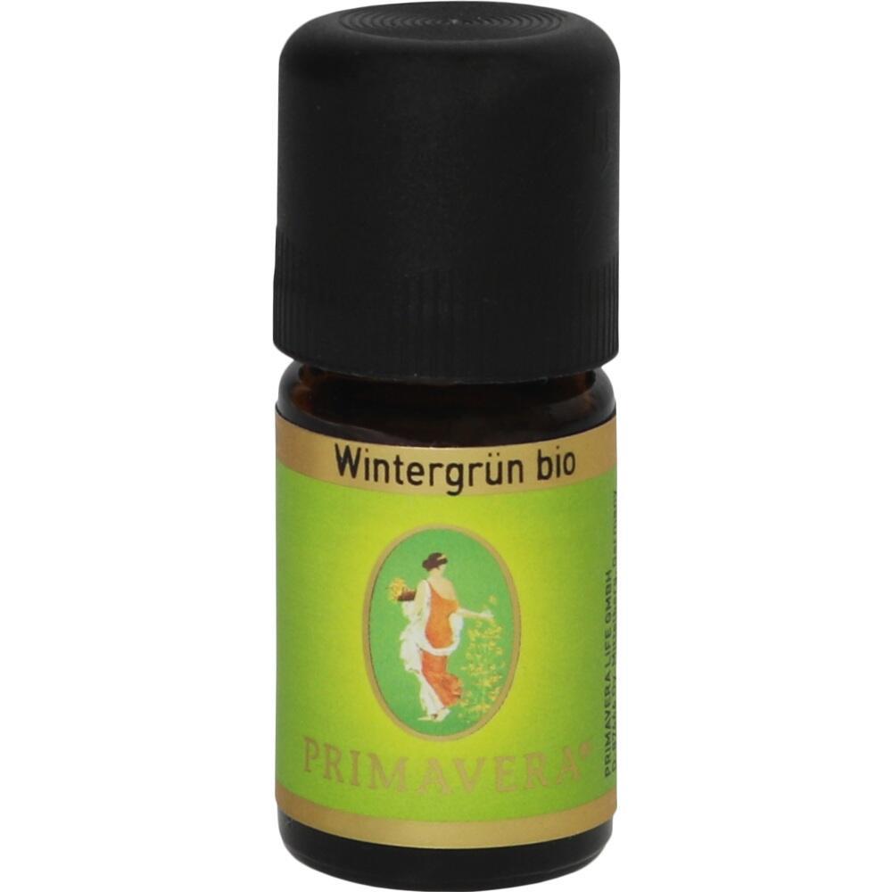 Braunes Fl&auml;schchen mit gr&uuml;nem Etikett, das "Wintergr&uuml;n bio" zeigt.