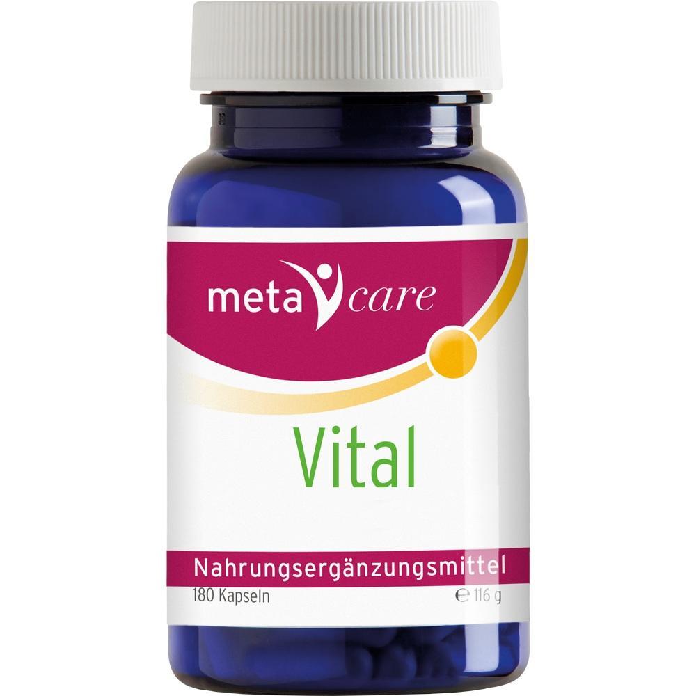 Eine blaue Dose mit der Aufschrift "meta care Vital", mit 180 Kapseln.