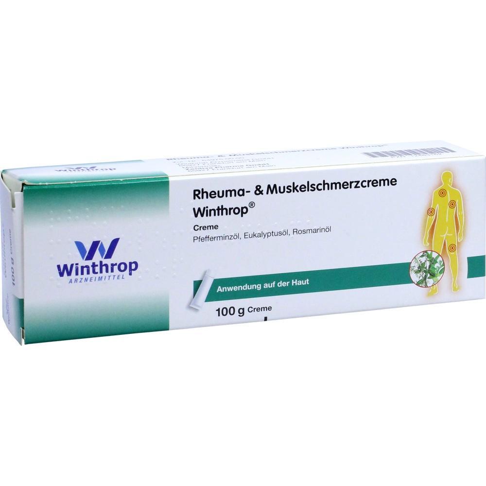 Wei&szlig;e Schachtel mit Rheuma- und Muskelschmerzcreme von Winthrop, 100 g.