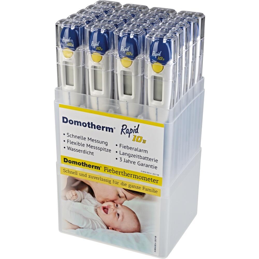 Ein Beh&auml;lter mit mehreren digitalen Fieberthermometern der Marke Domotherm Rapid 10.